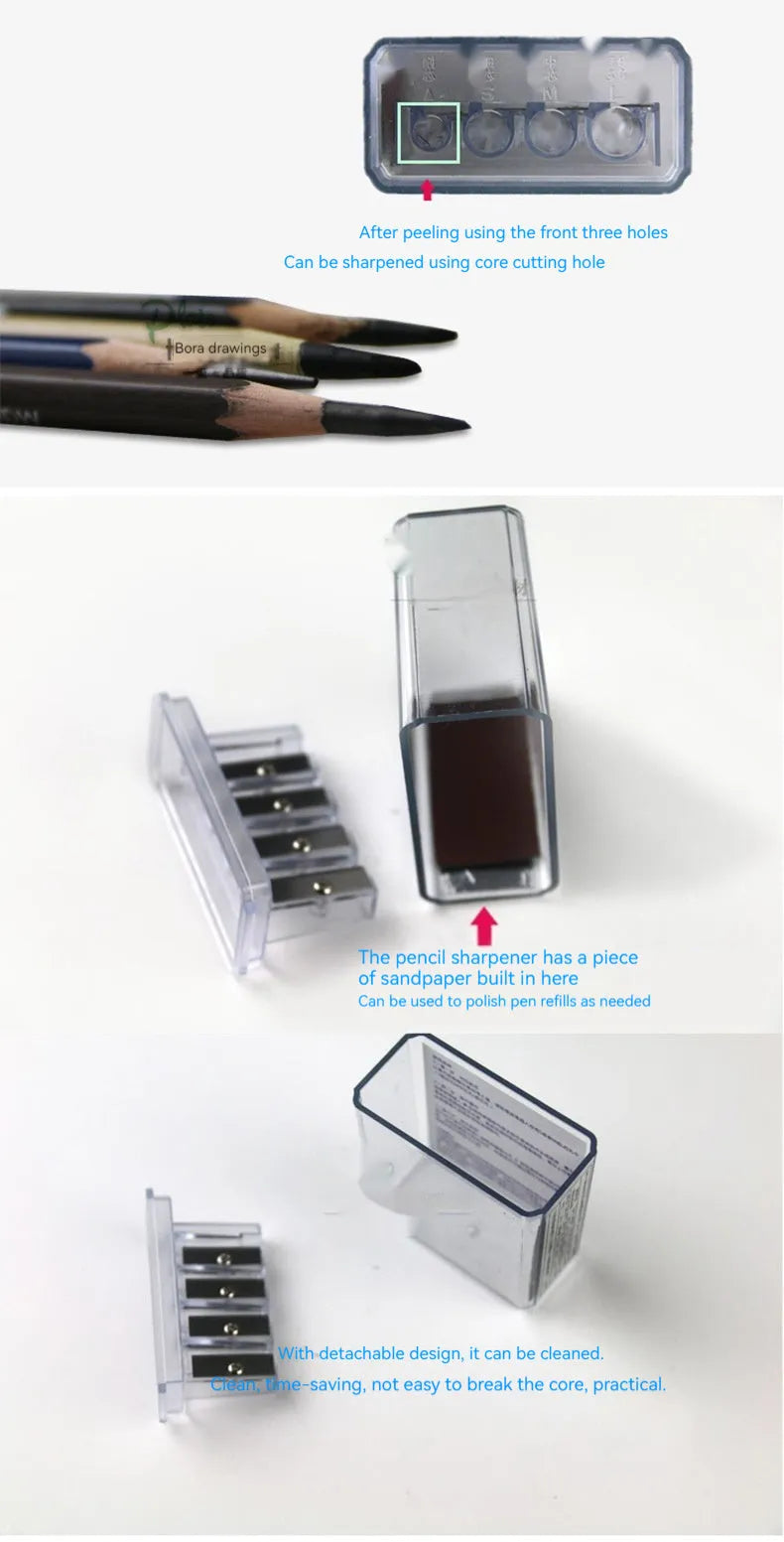 Geometric-shaped four-hole pencil sharpener with plastic construction and screwdriver accessory