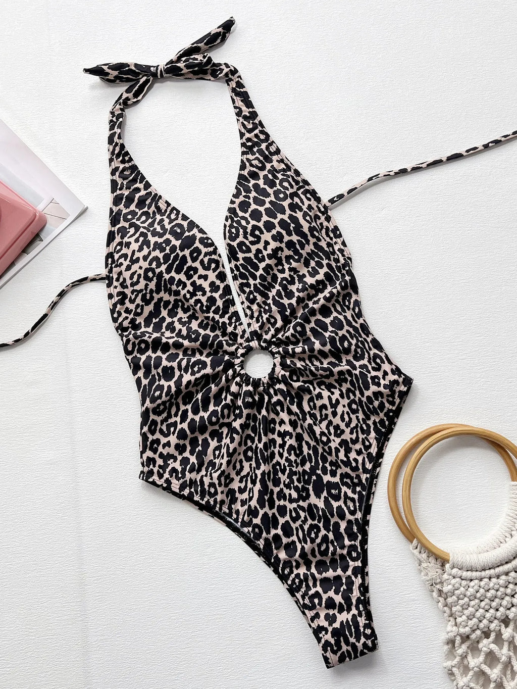 Women's leopard print one-piece swimsuit with hollow-out ring design in polyester fabric