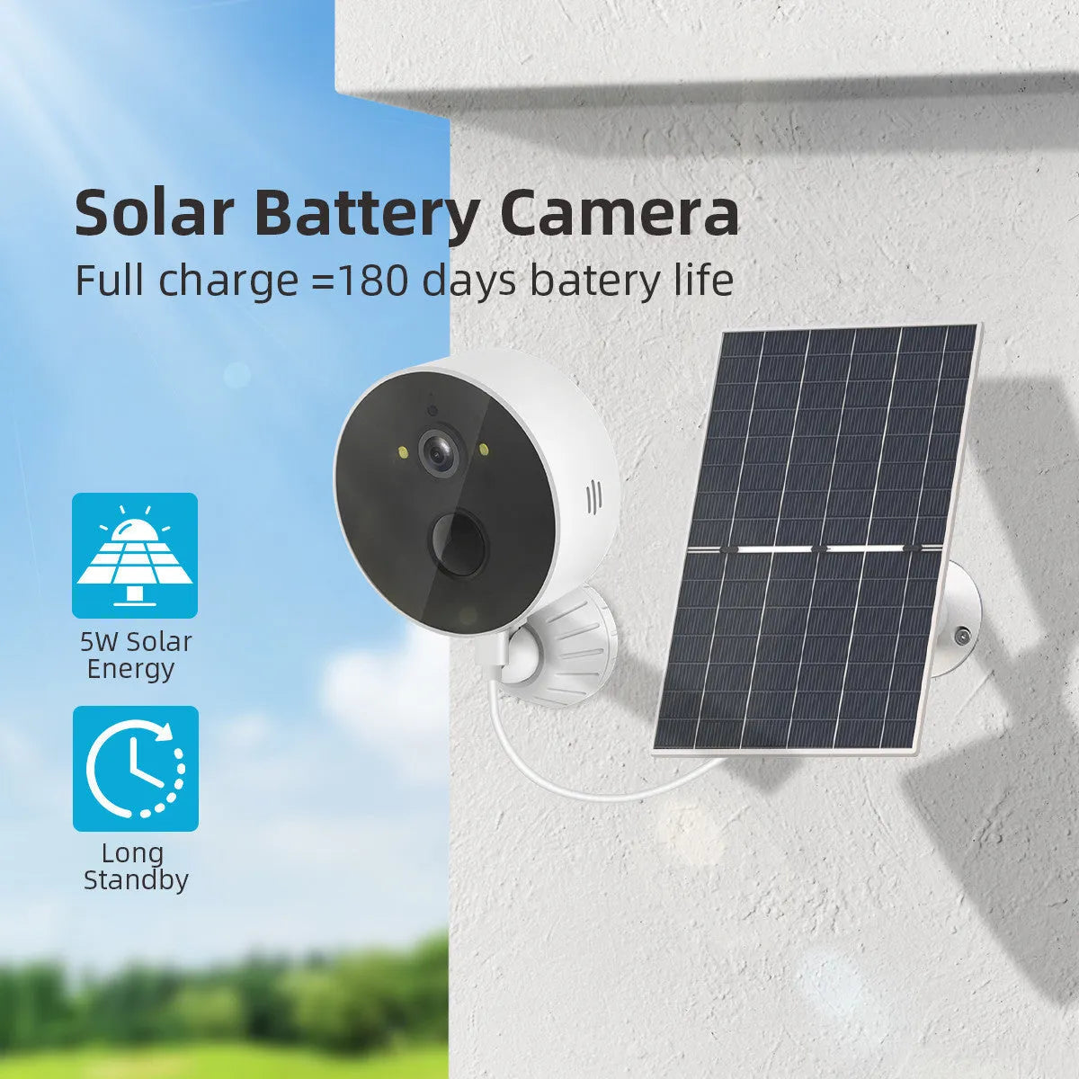 Solar panel powered 1080P outdoor security camera with battery and low power consumption design