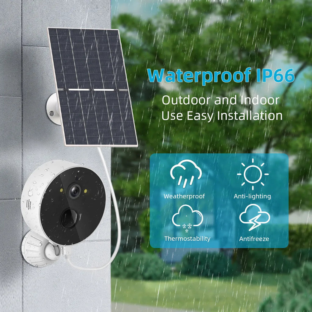 Solar panel powered 1080P outdoor security camera with battery and low power consumption design