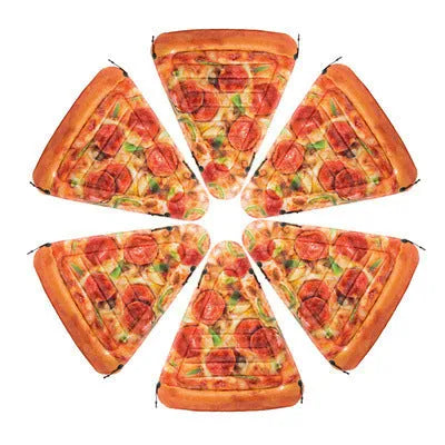 Inflatable pizza float surfboard recliner measuring 175cm by 145cm with colourful slice design