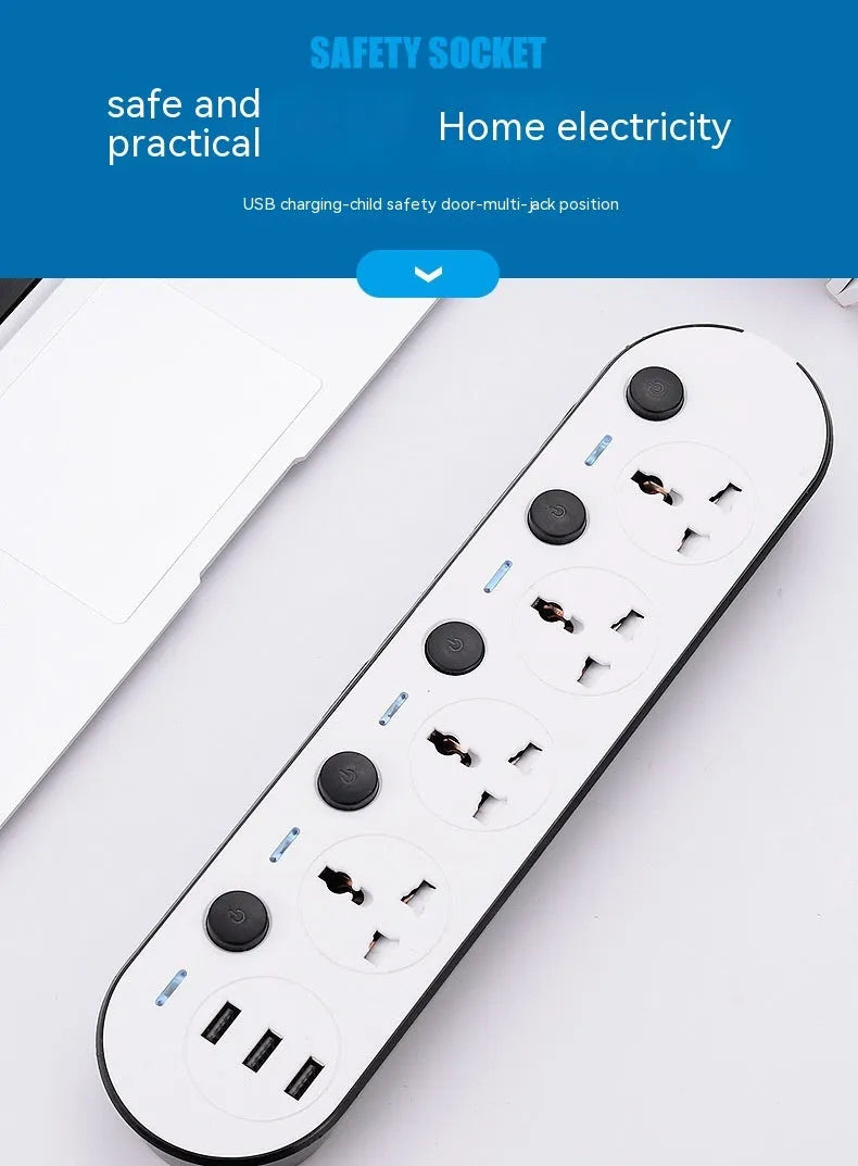 Multi-switch international power strip with USB ports and UK, US, EU plug options.