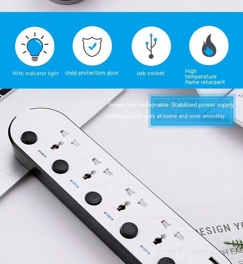 Multi-switch international power strip with USB ports and UK, US, EU plug options.