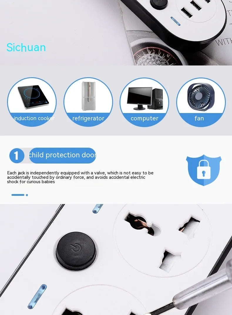 Multi-switch international power strip with USB ports and UK, US, EU plug options.