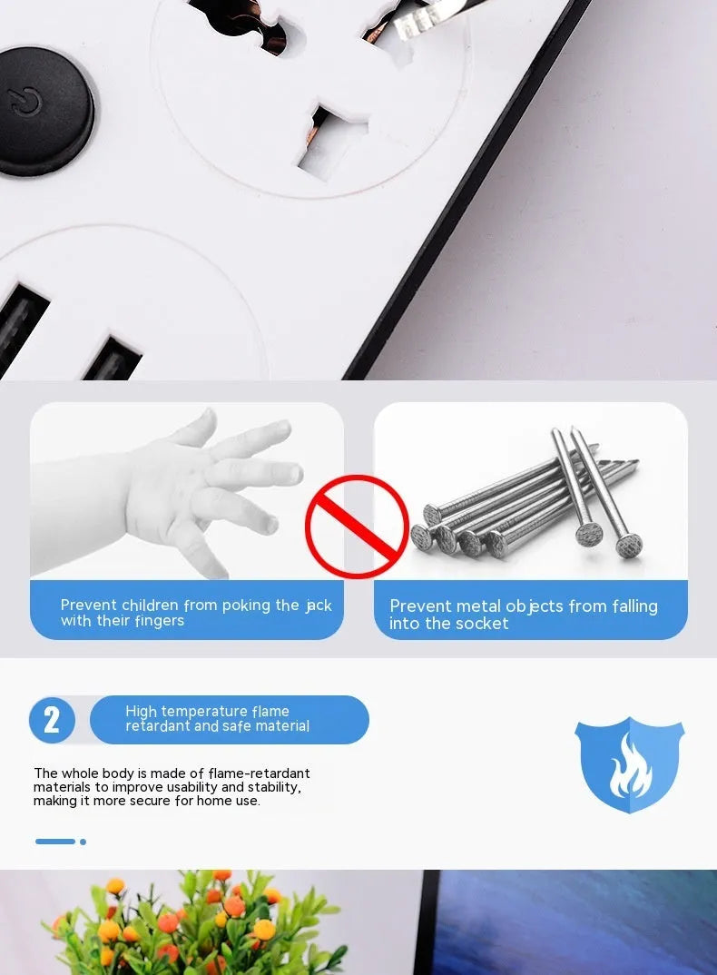 Multi-switch international power strip with USB ports and UK, US, EU plug options.