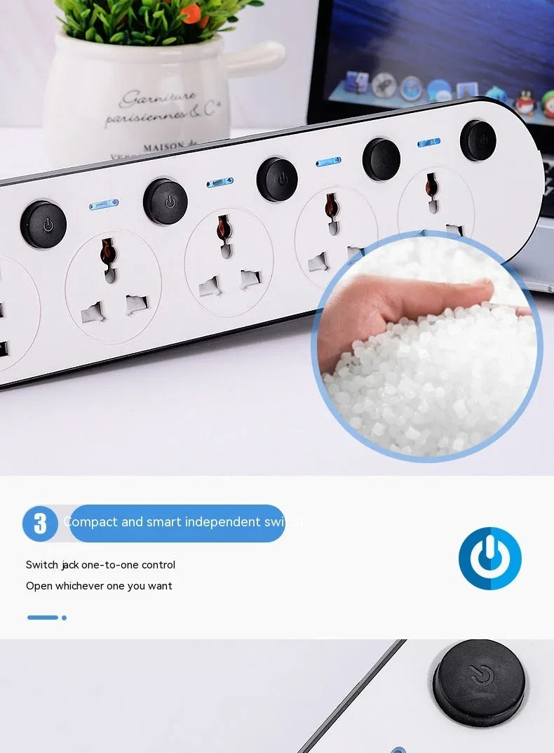 Multi-switch international power strip with USB ports and UK, US, EU plug options.