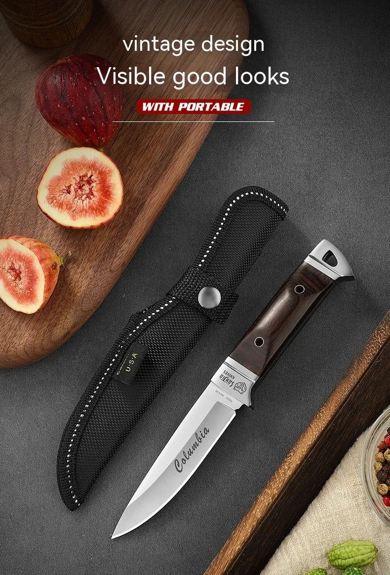 Camping multifunctional portable fruit knife with stainless steel blade and leather protective case.
