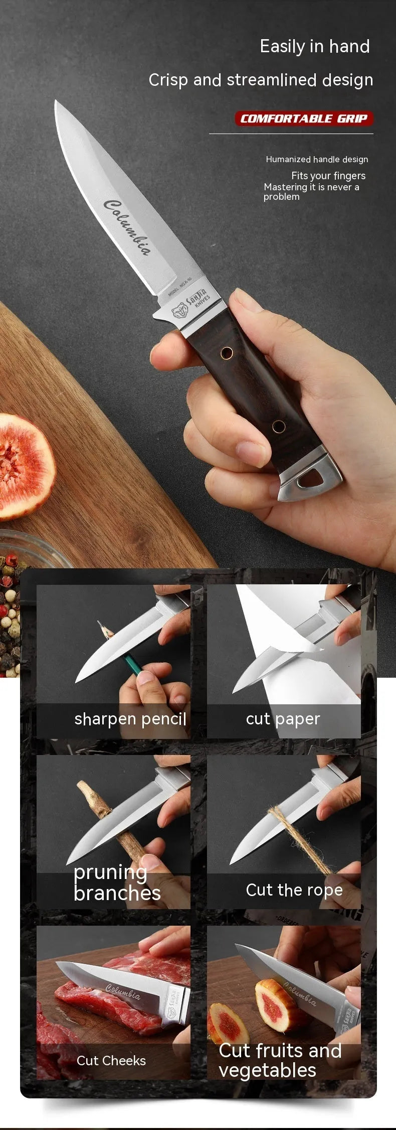 Camping multifunctional portable fruit knife with stainless steel blade and leather protective case.