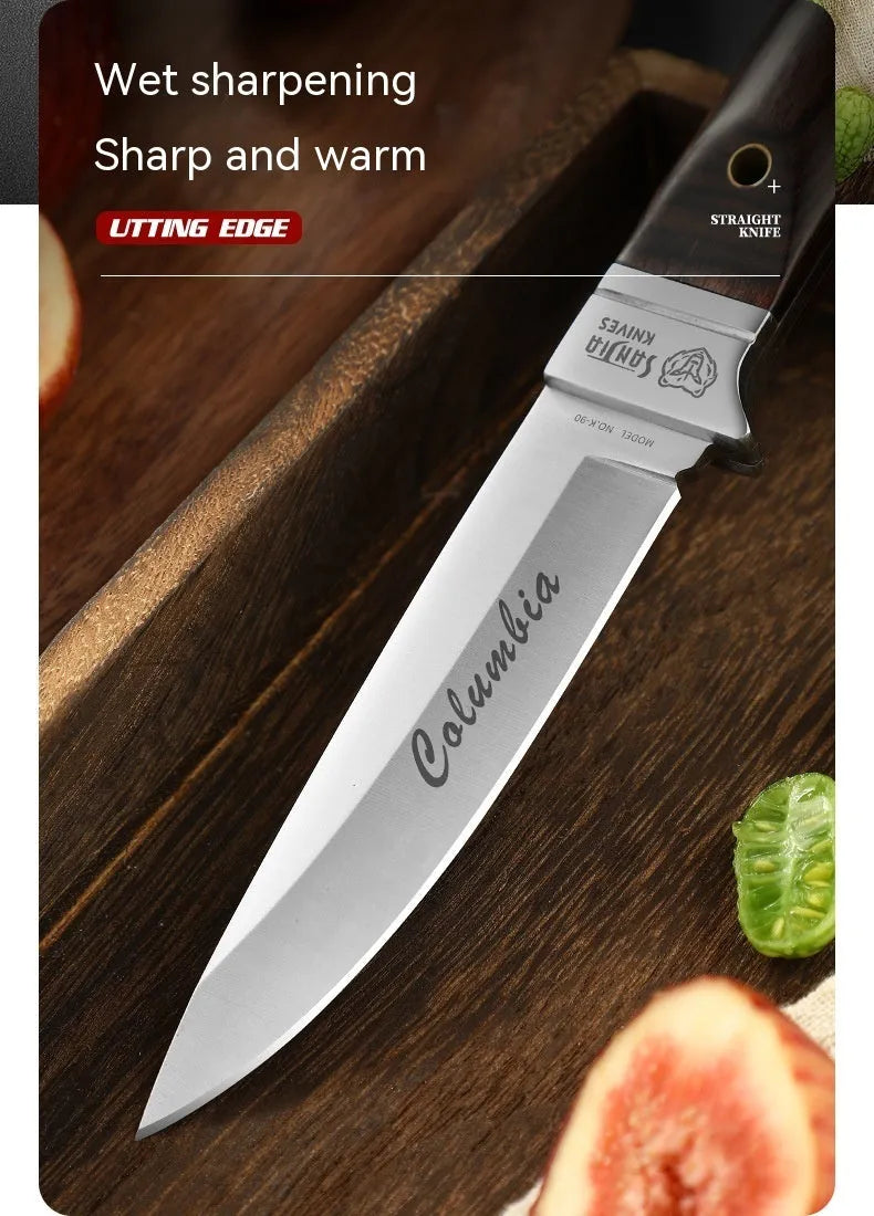 Camping multifunctional portable fruit knife with stainless steel blade and leather protective case.