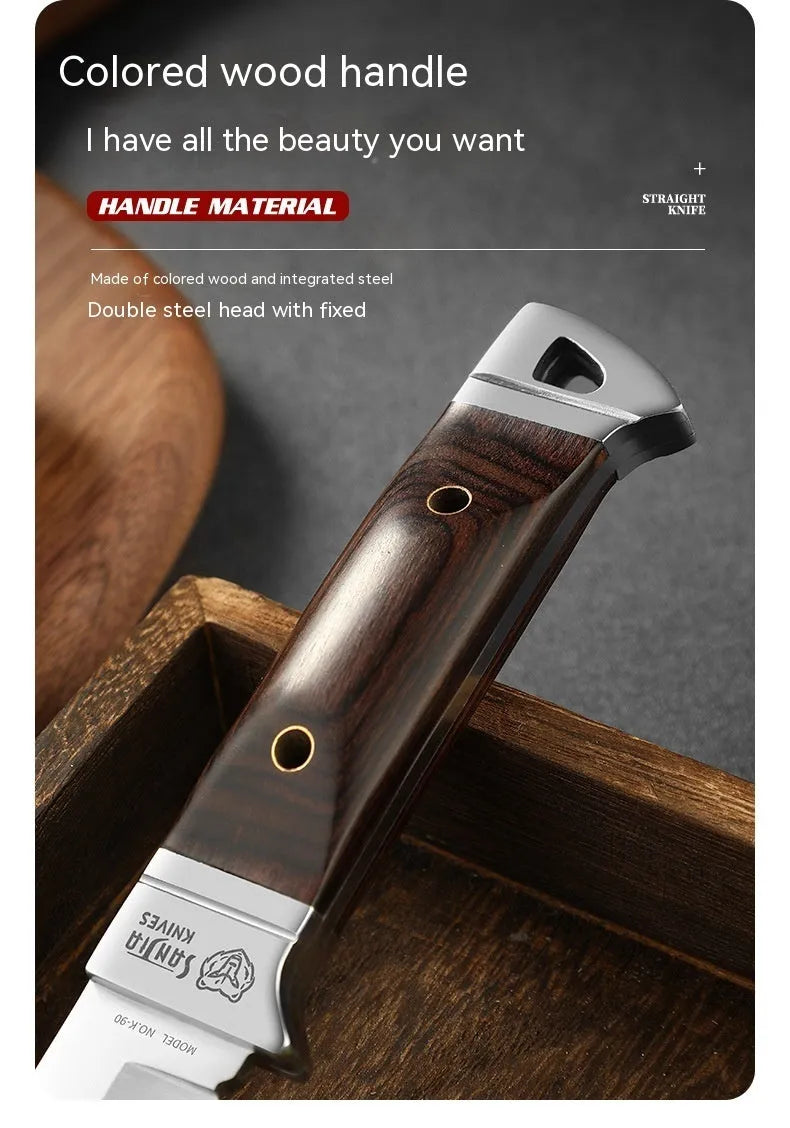 Camping multifunctional portable fruit knife with stainless steel blade and leather protective case.