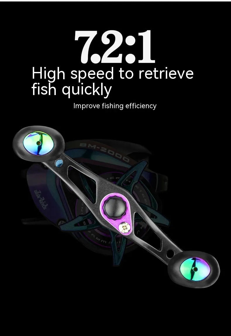 BM2000 fishing reel with magnetic brake water drop system showing left and right hand configuration options