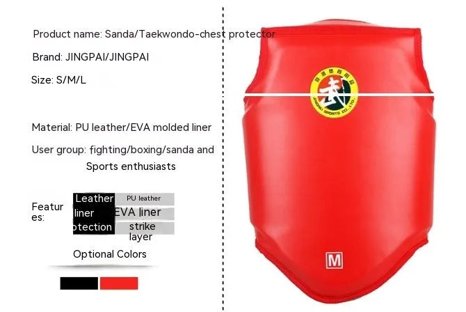 Red boxing helmet with integrated chest protector training gear shown from front