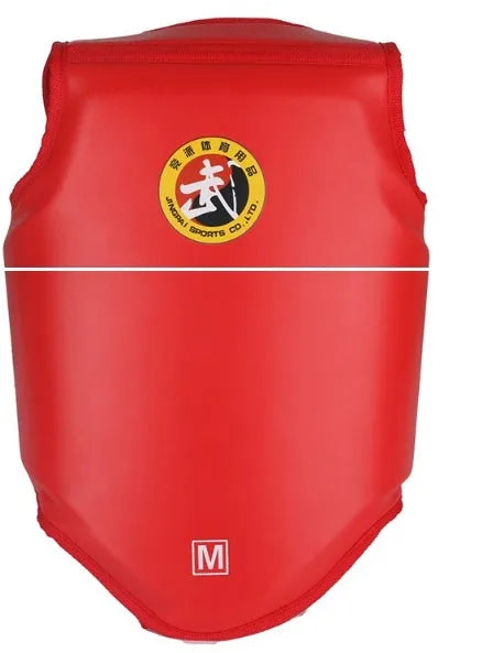 Red boxing helmet with integrated chest protector training gear shown from front