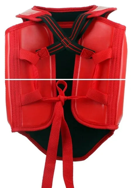 Red boxing helmet with integrated chest protector training gear shown from front