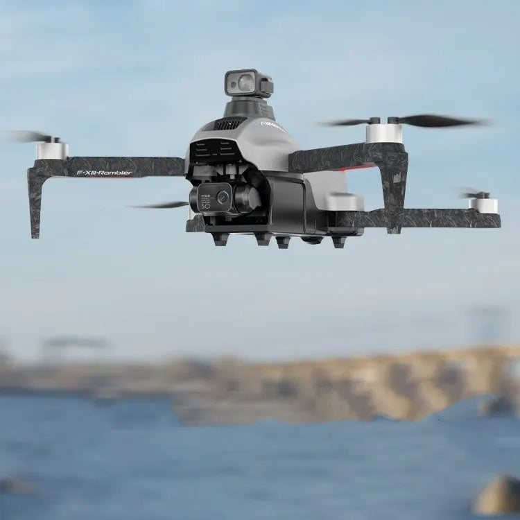 White folding quadcopter drone with 4K camera, three-axis gimbal, and obstacle avoidance sensors in folded position