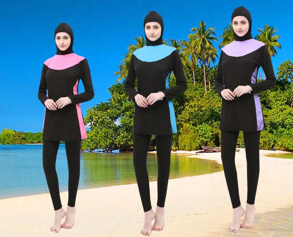 Black women's hooded long sleeve swimsuit top and pants set for swimming