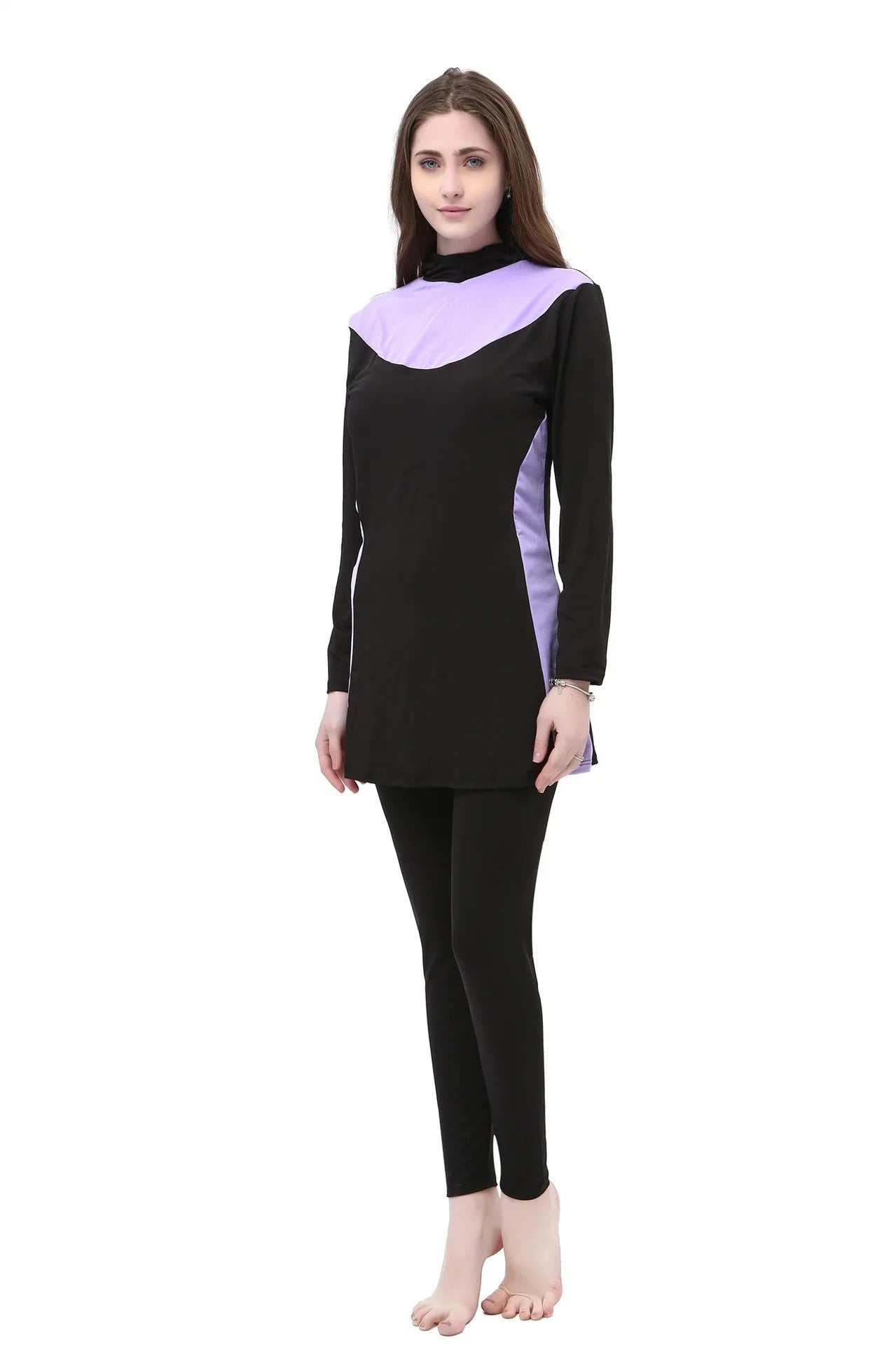 Black women's hooded long sleeve swimsuit top and pants set for swimming