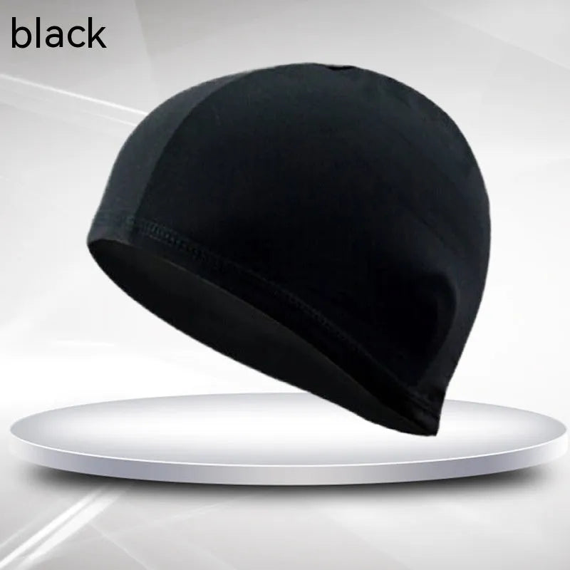 Black polyester cloth swim cap for adult unisex swimming