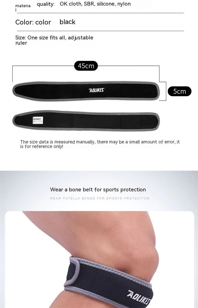 Black and grey adult patella retinaculum knee support bandage for sports.