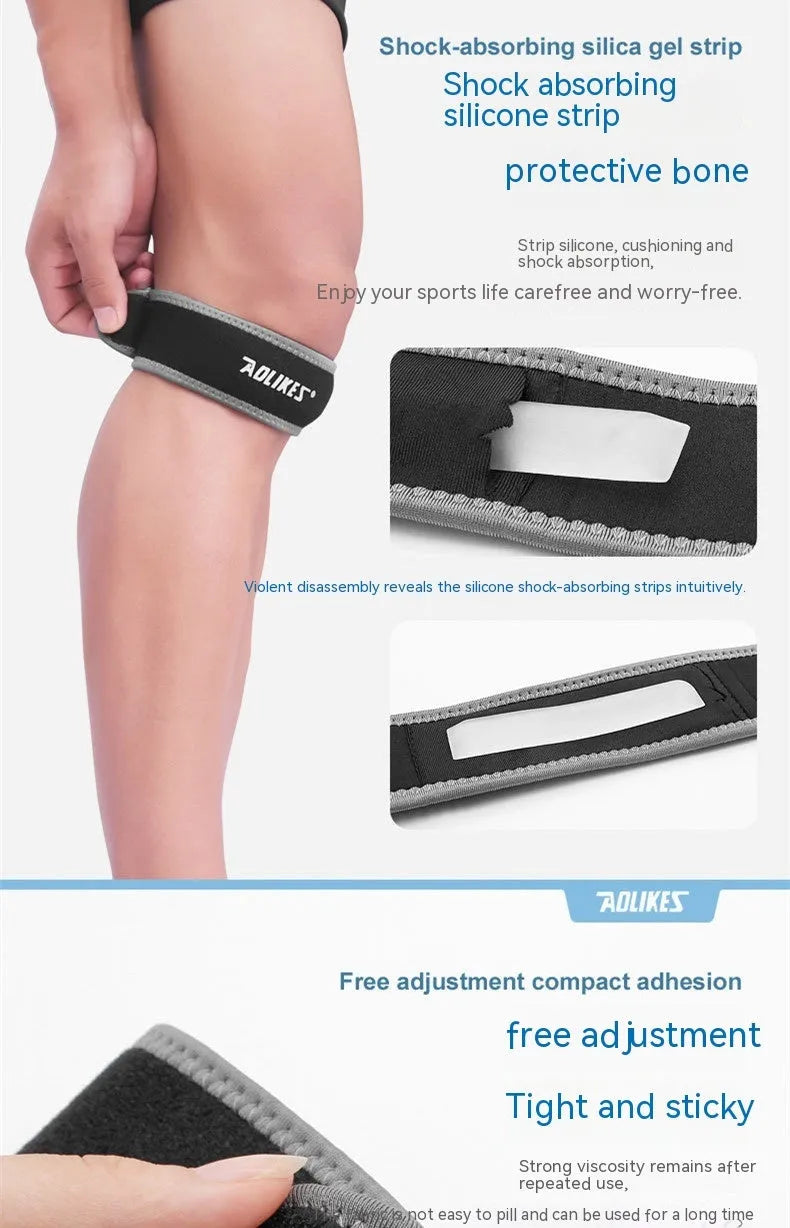 Black and grey adult patella retinaculum knee support bandage for sports.