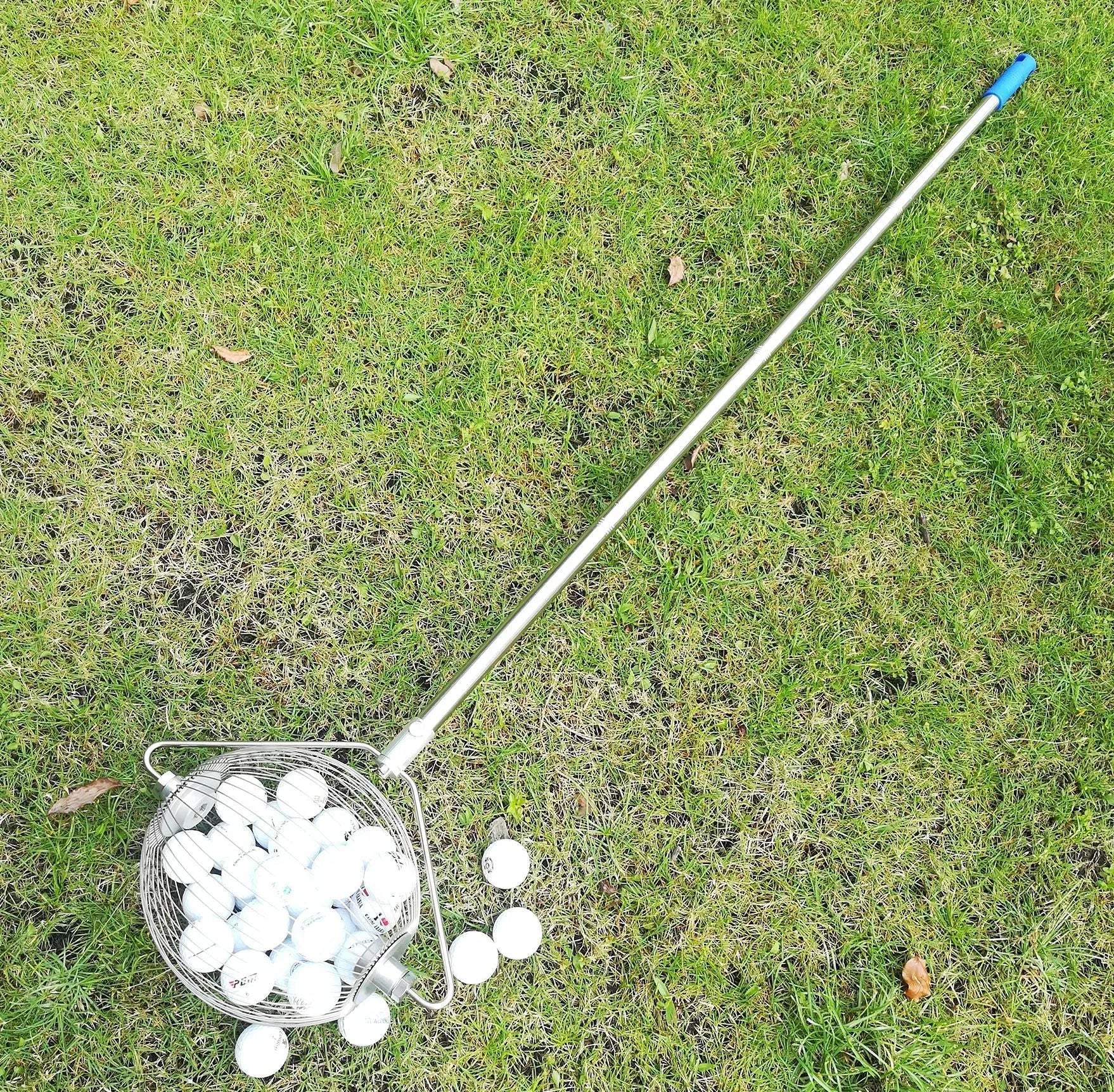 Stainless steel golf ball picker with metallic finish for retrieving golf balls