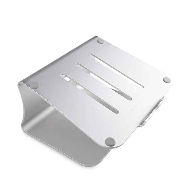 Aluminium laptop cooling bracket with rotating silver base on desk