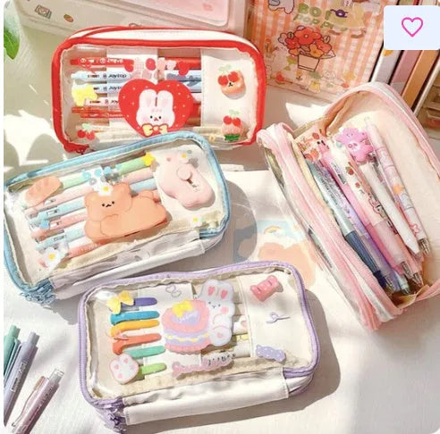 Transparent TPU pencil case with decorative rabbit designs in pink and red colour options