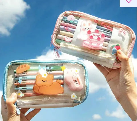 Transparent TPU pencil case with decorative rabbit designs in pink and red colour options