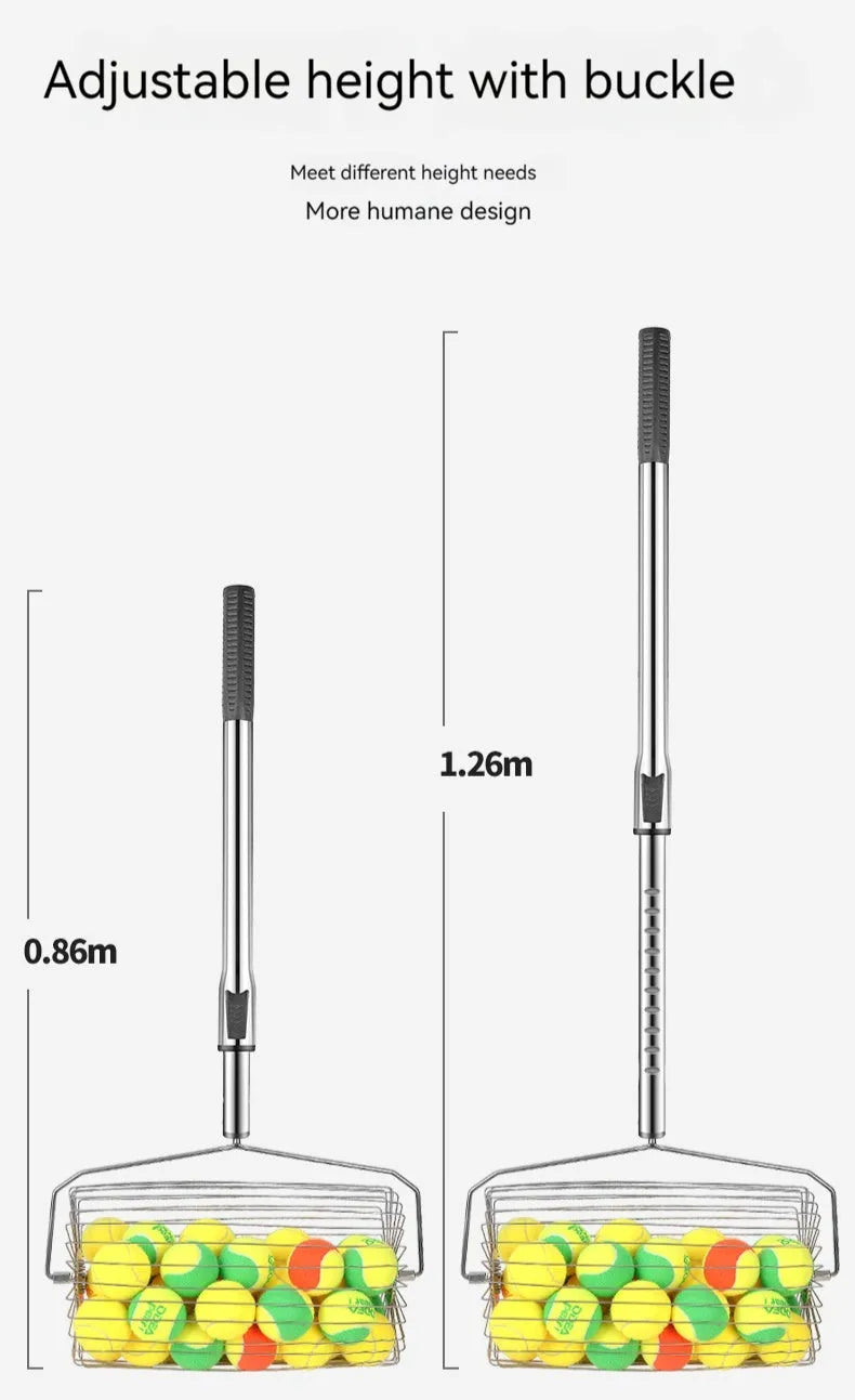 Stainless steel tennis ball picker with adjustable handle and roller mechanism for collecting balls