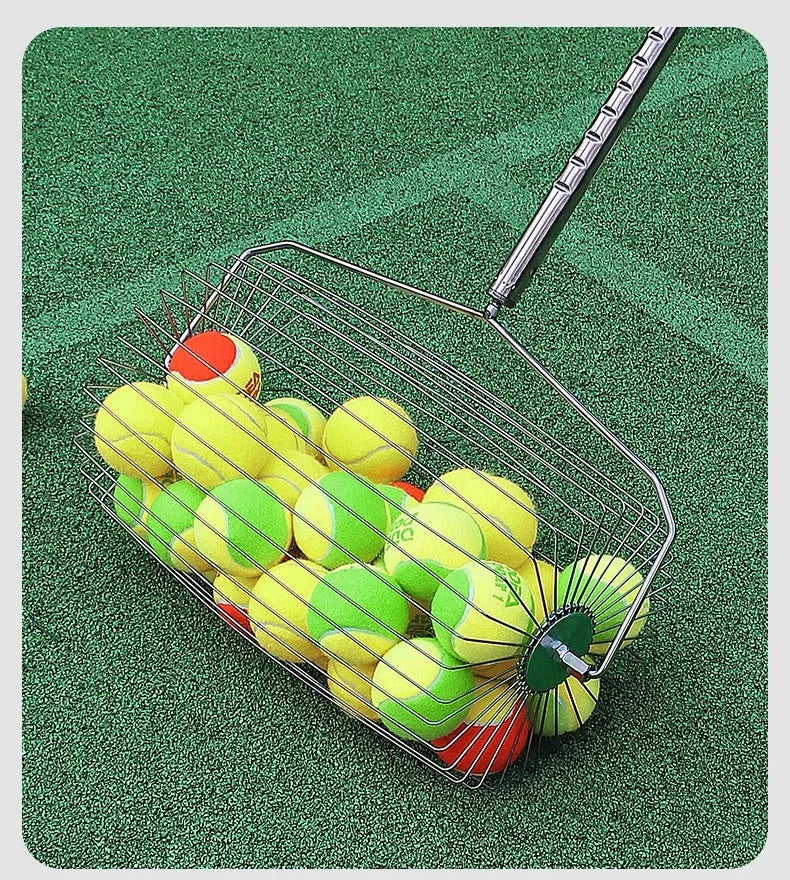 Stainless steel tennis ball picker with adjustable handle and roller mechanism for collecting balls