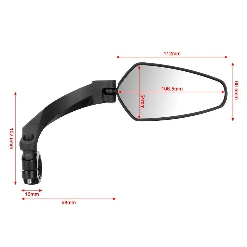 Black mountain bike rearview mirror with rotatable mount and acrylic reflective surface