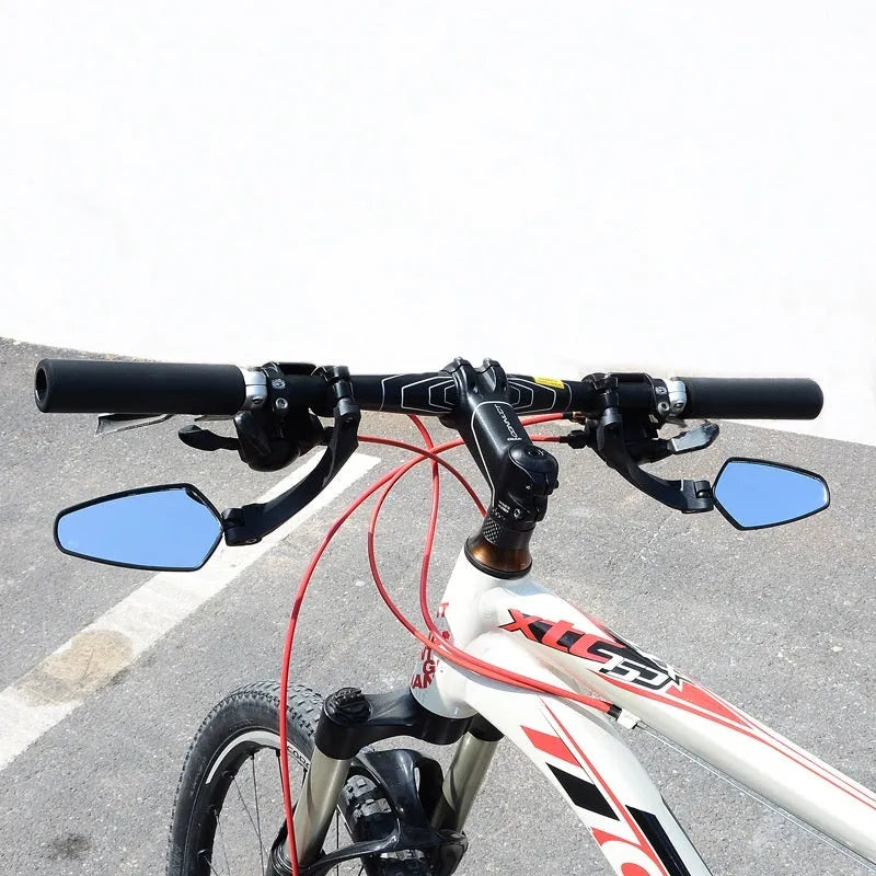 Black mountain bike rearview mirror with rotatable mount and acrylic reflective surface