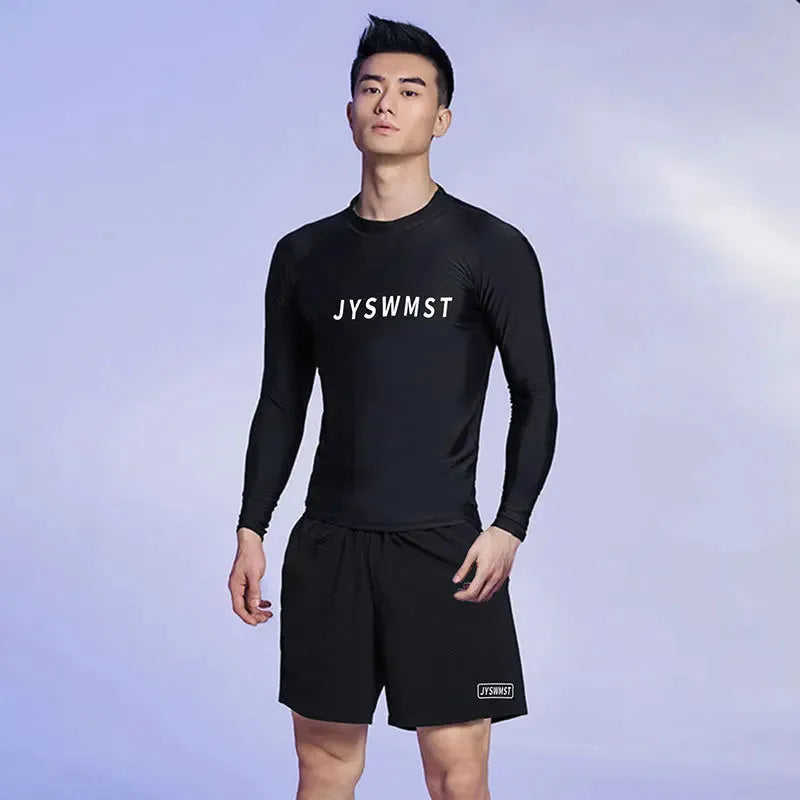 Men's plus size swimming set featuring a rash guard top and matching swim shorts on a grey background.