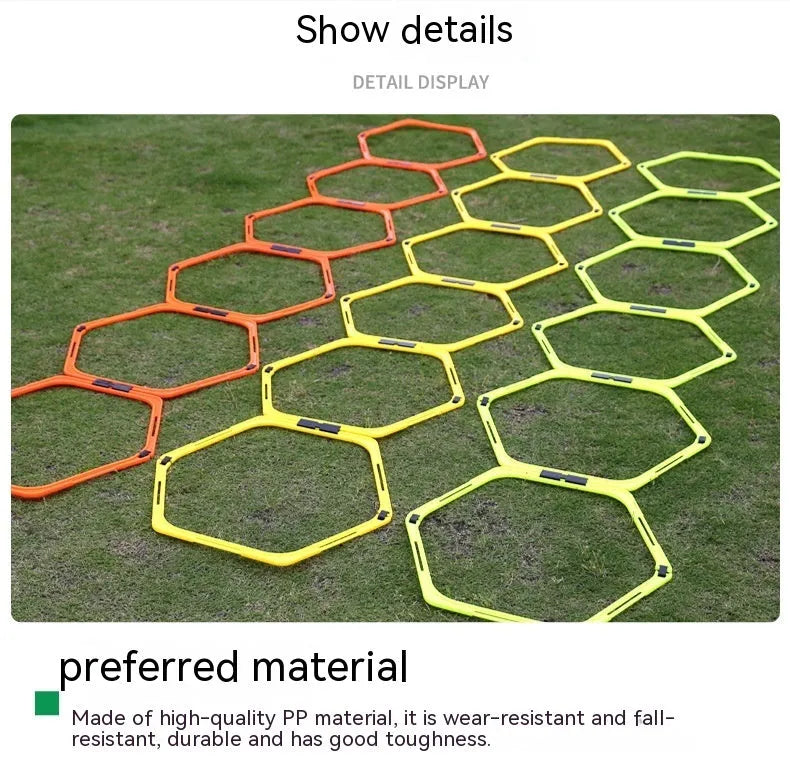Set of six foldable yellow, green, and orange hexagon plastic agility rings for football training.