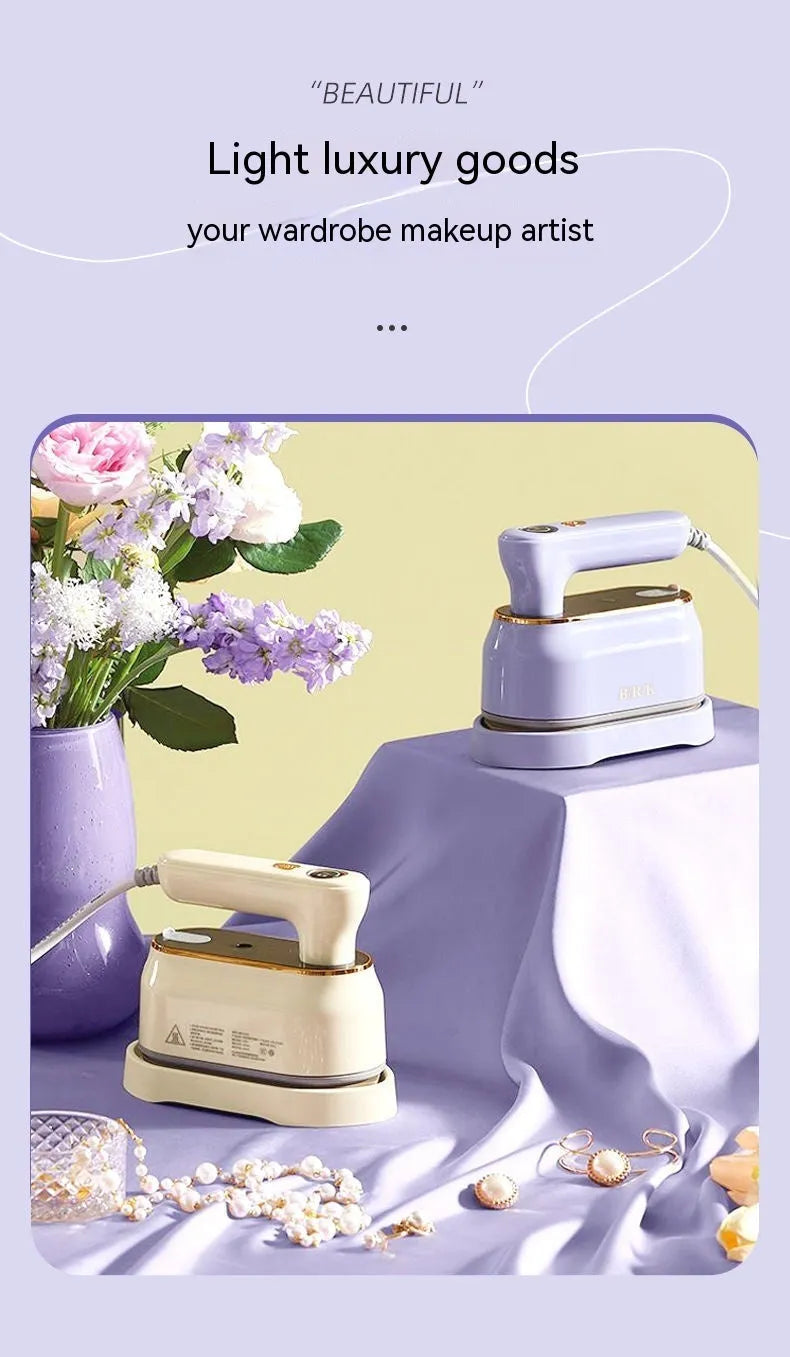 Foldable portable travel iron with ceramic base plate in light purple colour showing dual voltage rating