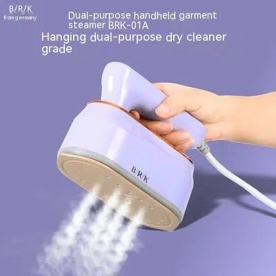 Foldable portable travel iron with ceramic base plate in light purple colour showing dual voltage rating