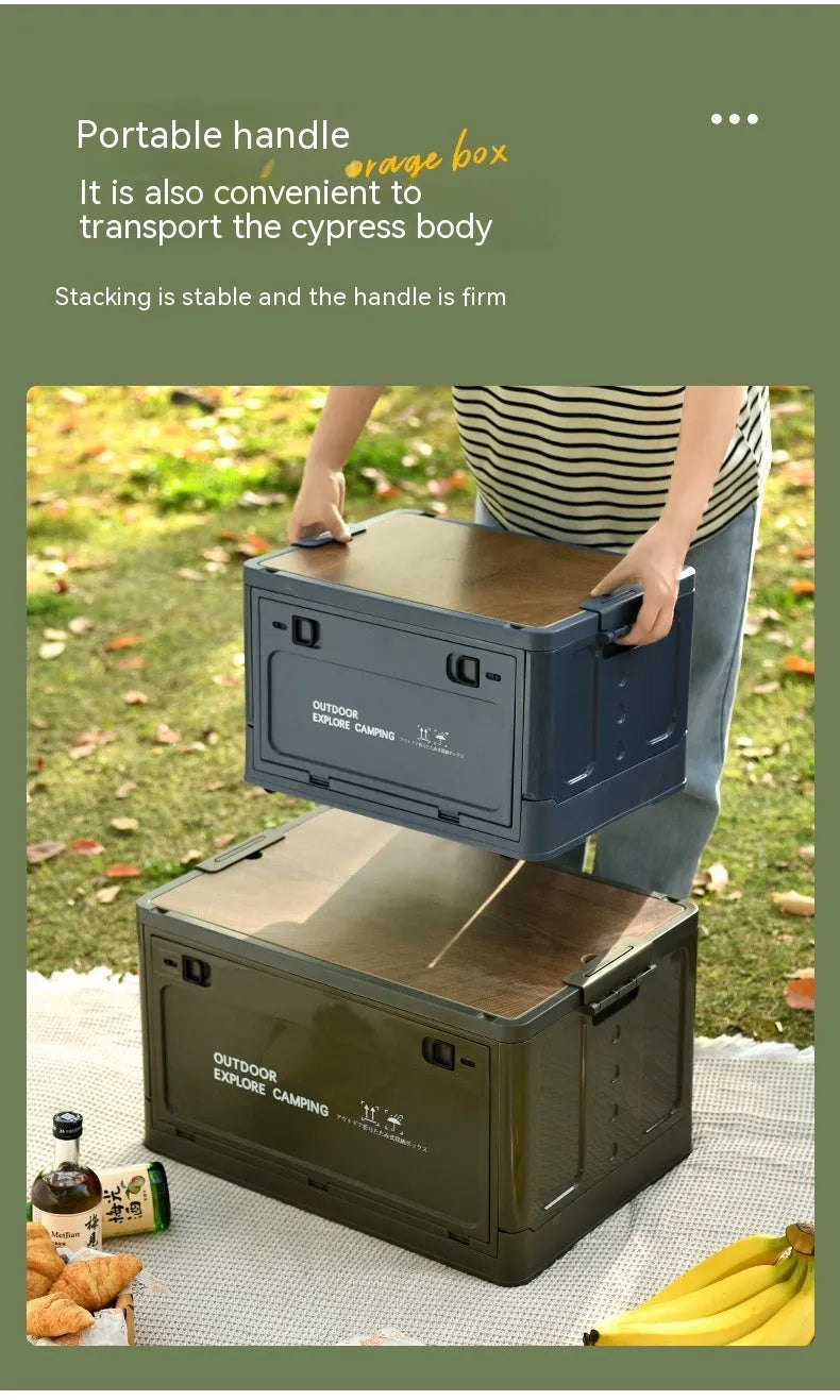 Large foldable plastic storage box in Nordic green colour with wooden lid