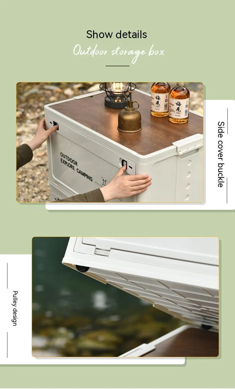 Large foldable plastic storage box in Nordic green colour with wooden lid
