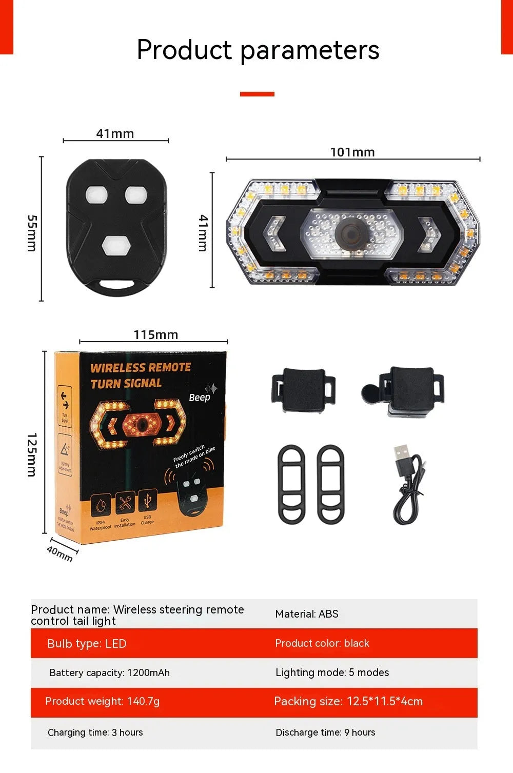 Black wireless remote control car taillight with USB charging port.