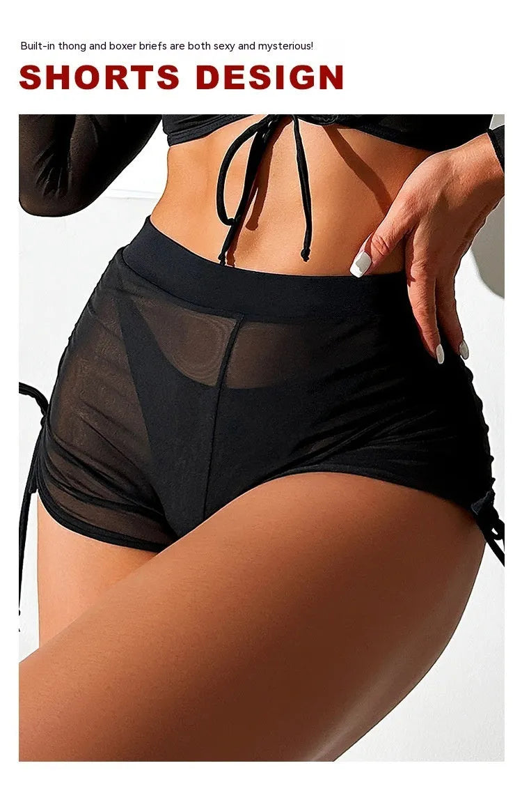 Black mesh polyester four-piece bikini swimsuit with long sleeves and briefs for women's swimming sports