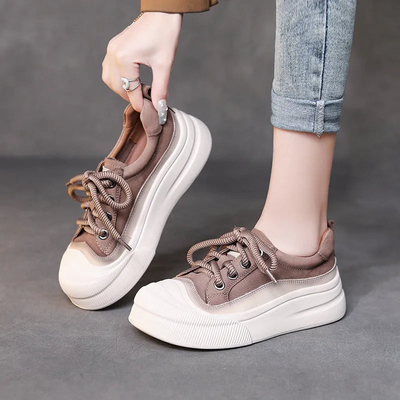 Women's yellow and cameo brown full grain cow leather lace-up casual shoes with round toe