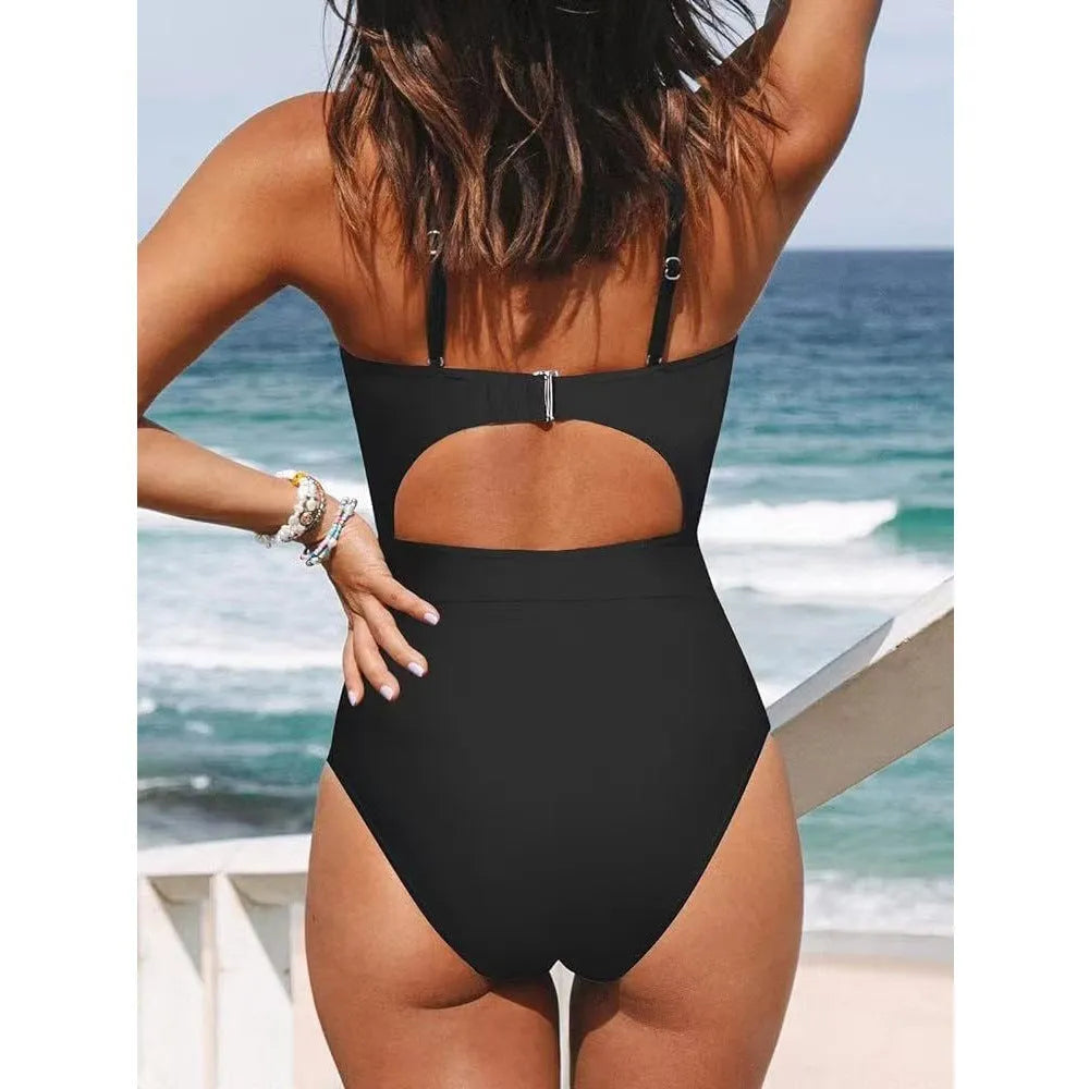 Women's solid colour one-piece swimsuit with cross body and backless design in black wine red or peacock blue
