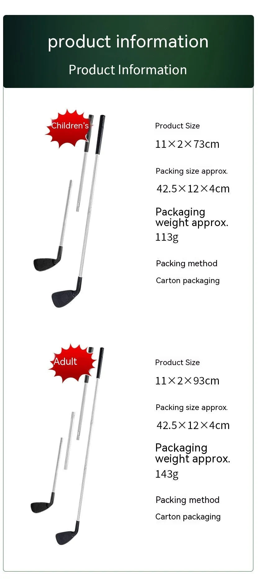 Metal golf practice club set showing adult and children's sizes for outdoor sports
