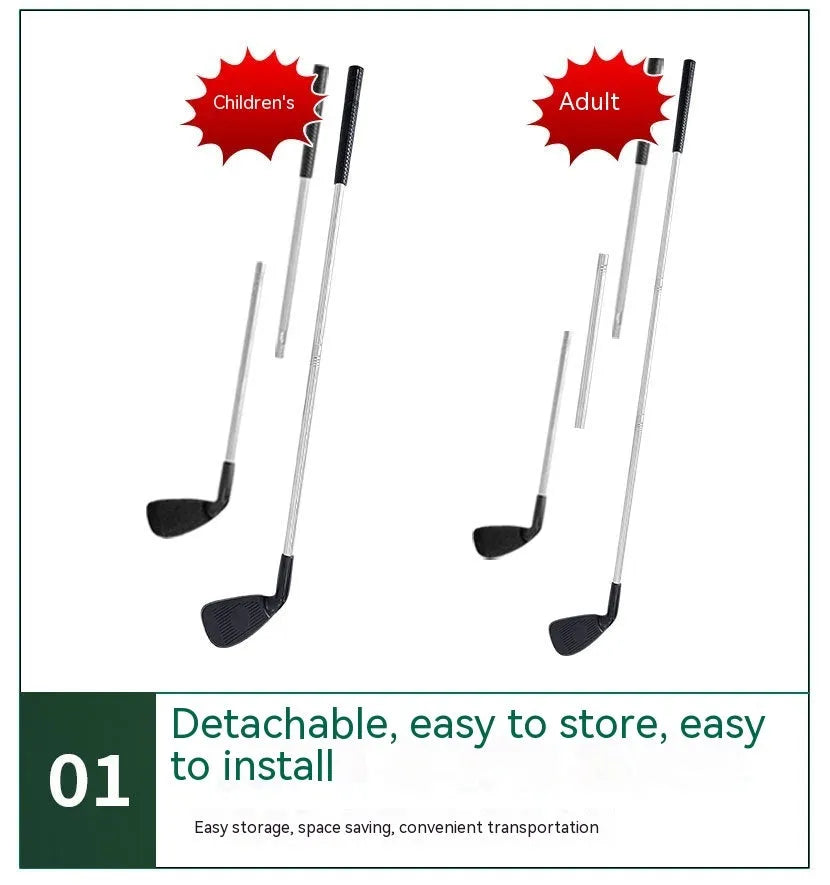 Metal golf practice club set showing adult and children's sizes for outdoor sports
