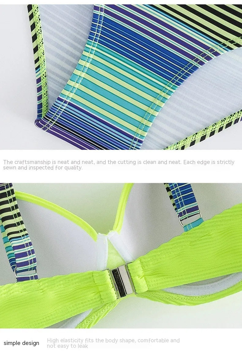 Green printed women's halter bikini set with brief bottoms showing front view