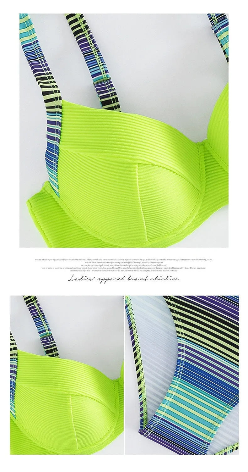 Green printed women's halter bikini set with brief bottoms showing front view