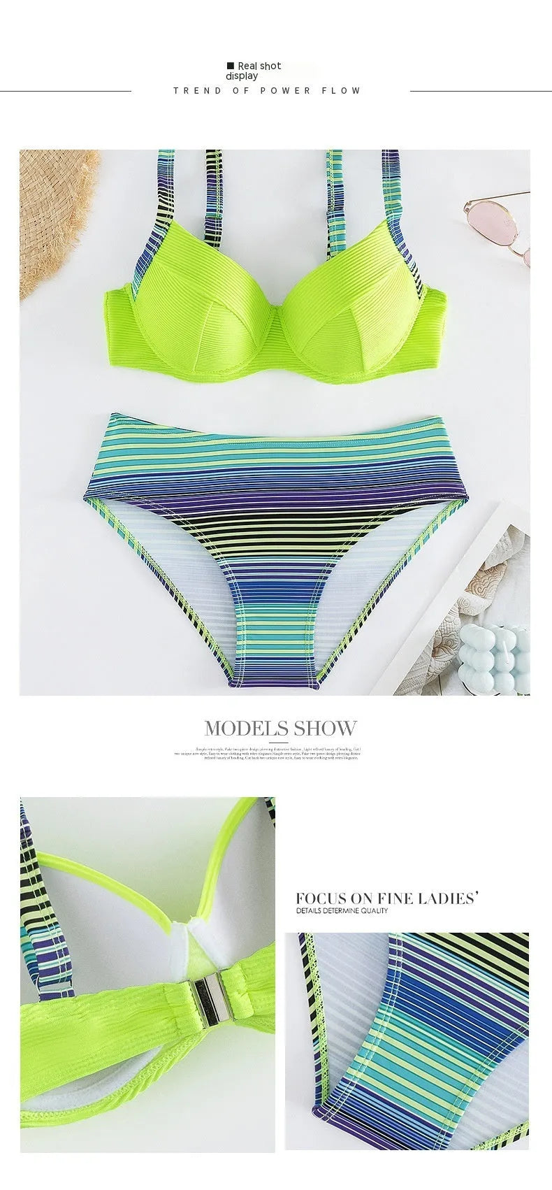 Green printed women's halter bikini set with brief bottoms showing front view