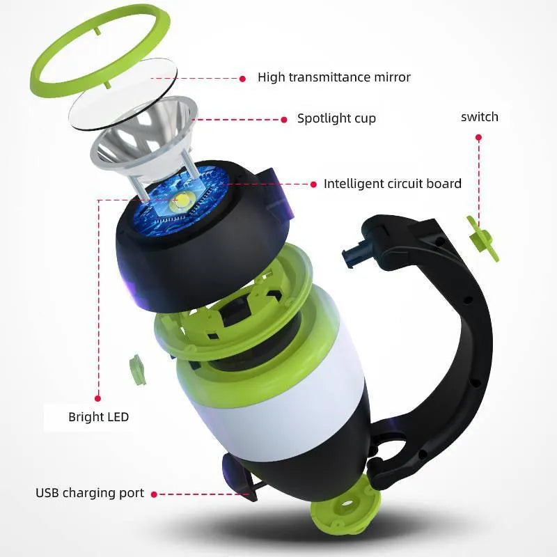 Black green foldable 3-in-1 LED lamp showing adjustable head and compact size for camping and desk use