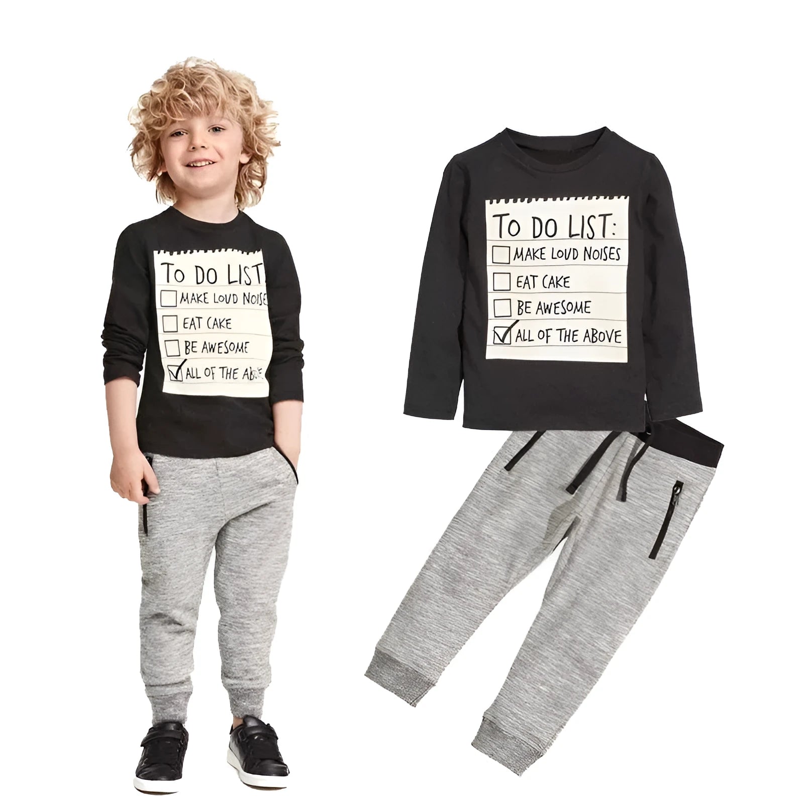 Boys cotton two-piece clothing set with long sleeves and letter pattern for ages 3-7
