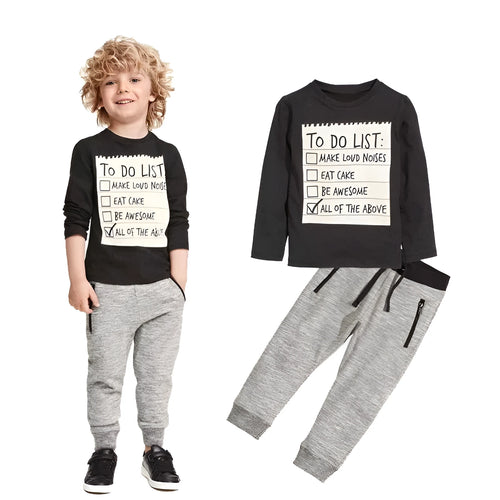 Boys cotton two-piece clothing set with long sleeves and letter pattern for ages 3-7